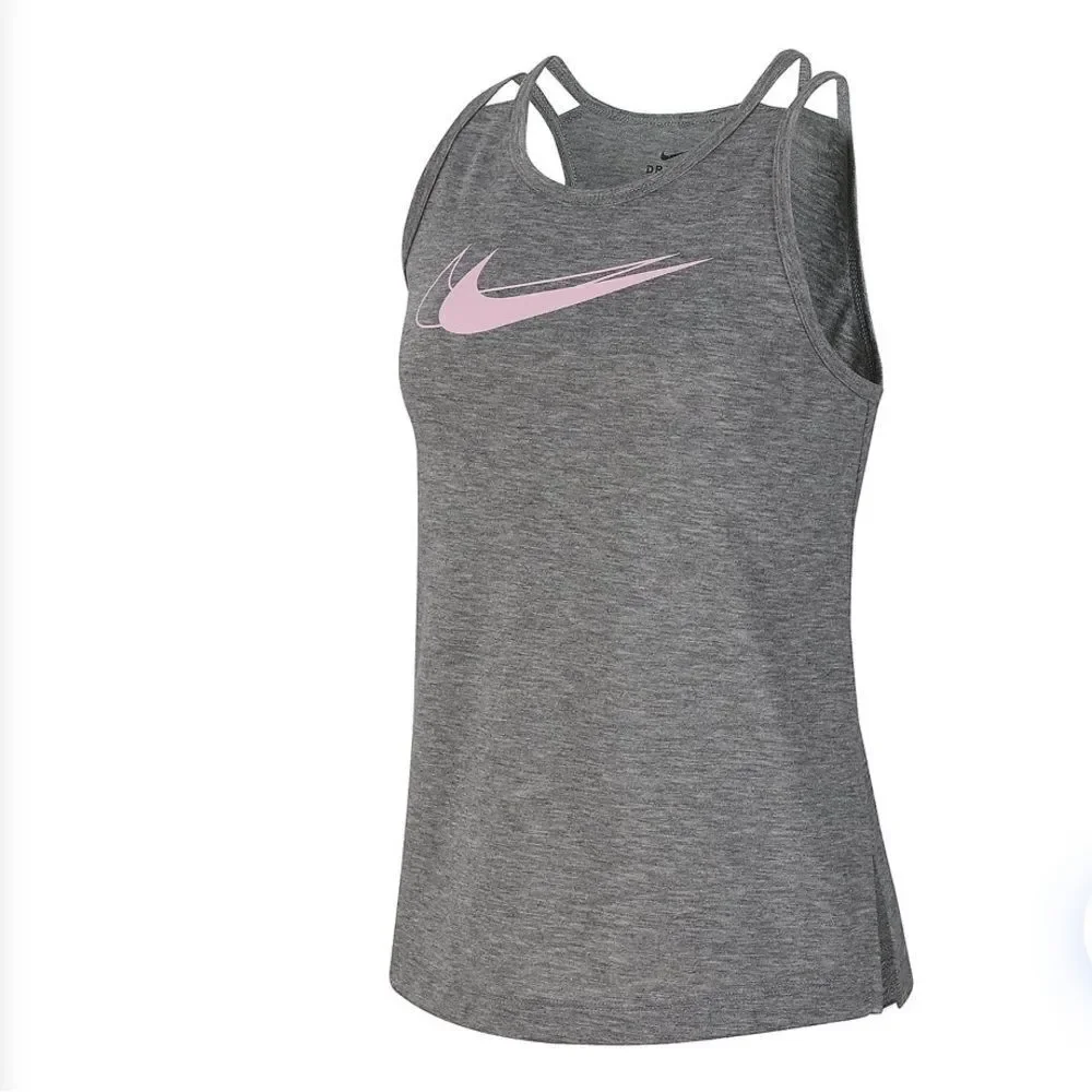 Nike Girls' Trophy Training Tank Top Medium Grey with Baby Pink Swoosh